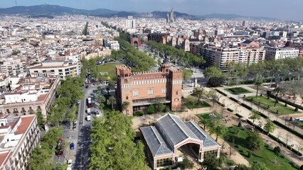 Fototapeta premium Ciutadella Park In Barcelona Spain. Bird Eye View Of Stunning Iconic Recreational Park Of The City. Town Sky Backgrounds Urban. Town Outdoor Panning Wide. Barcelona Spain.