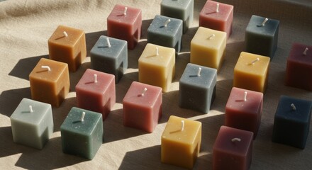 Colorful square candles arranged on a light beige surface