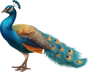 Obraz premium Beautiful male peacock with vibrant blue and green plumage isolated on transparent background