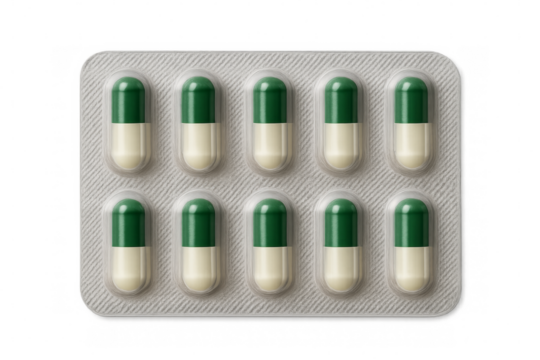 Blister pack containing green and white capsules on transparent background - Powered by Adobe