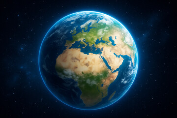 Fototapeta premium Planet Earth Viewed from Space with Detailed Continents and Starry Background. Realistic Outer Space Illustration