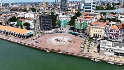 Sculpture Park In Recife Pernambuco Brazil. Birds Eye View Of Stunning Dark River And Forest Trees. Business Sky Downtown Cityscape. Business Downtown Panorama. Recife Pernambuco.