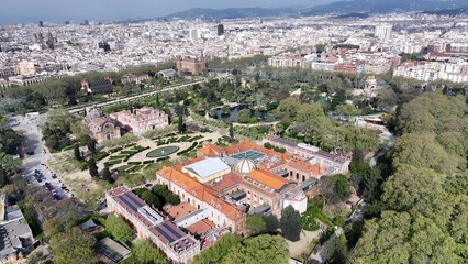 Fototapeta premium Ciutadella Park In Barcelona Catalonia Spain. Amazing Skysrapers And Traffic On Street Viewed From Above. Metropolitan Skyline Panoramic City View Stunning. Metropolitan Architecture Business.