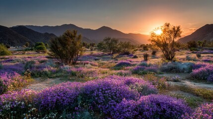 Obraz premium Vast field of purple wildflowers under a setting sun, framed by mountains, during golden hour