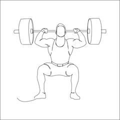 Minimalist line drawing of a weightlifter performing a back squat with a loaded barbell, showcasing strength, balance, and proper squat posture.