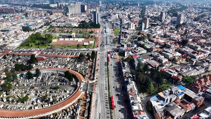Naklejka premium Freeway Road In Bogota Cundinamarca Colombia. Breathtaking Aerial View Of Busy Traffic In A Freeway Road. Business Sky Downtown Cityscape. Business Backgrounds Panorama. Bogota Cundinamarca.