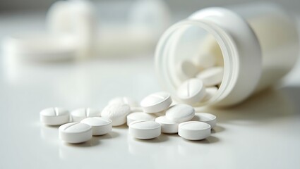 White pills spilling from bottle on white surface for medication and health concept with copy space