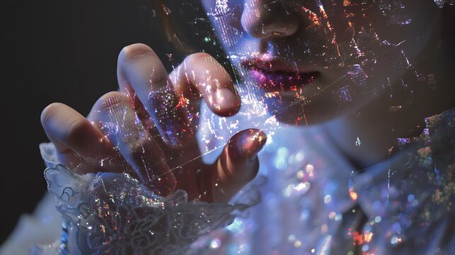 A person touching a holographic photo that starts to break apart in shimmering glitches, digital fragments floating away like dust, poetic sadness, 