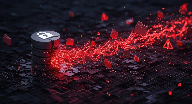 Digital illustration of a compromised database security system with red glowing lines and warning icons