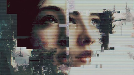 A digital photo album where half the images are missing or corrupted, surreal composition, glitch art meets melancholy, fading pixels and broken edges, 