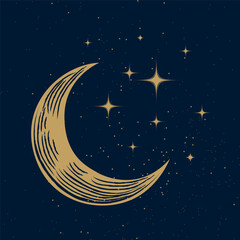 Starry magic night sky background. Bright golden moon and stars wallpaper. Space backdrop. Dark Sky with shiny stars. Vector Illustration.