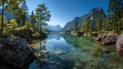 Fototapeta premium Serene vista of a tranquil lake reflecting forested mountains under a clear, blue sky