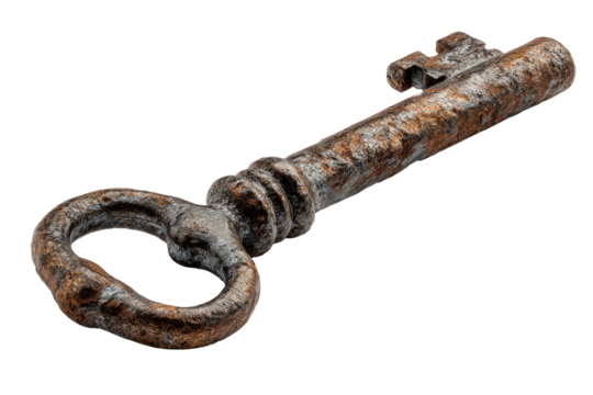 An antique, rusty key.  A weathered, copper-toned key lies diagonally,  its aged metal showing signs of patina and wear. The key has a distinctive, ornate handle and a  long, narrow shaft