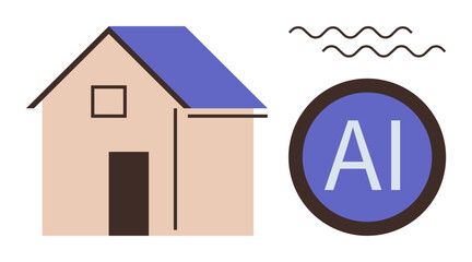 Minimalist house graphic paired with AI icon, representing smart home technology. Ideal for innovation, technology, smart home design, automation, eco-friendly living, digital transformation