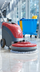 modern cleaning equipment on shiny floor in bright office interior