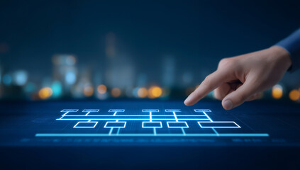 Futuristic hand pointing at glowing data chart on touchscreen interface representing information flow and organization
