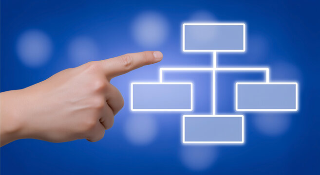 Human hand interacting with virtual flowchart glowing interface on blue background showing digital network structure
