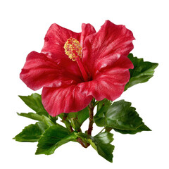 Fototapeta premium Vibrant Red Hibiscus Flower with Lush Green Leaves Isolated on White Background