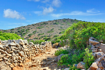 Typical landscape of mediterranean countries. Coastal hiking trail on Kolokytha peninsula near Elounda town, Crete, Greece