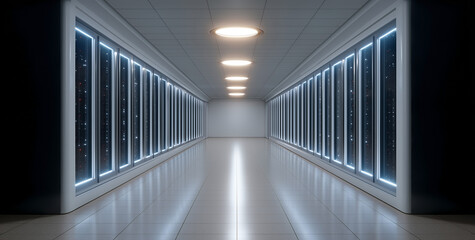 Obraz premium Long futuristic server hallway in modern data center with illuminated panels and clean symmetrical white design
