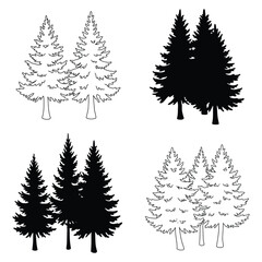 Obraz premium Three tall evergreen fir trees in silhouette against a white background