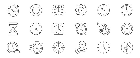 Time icon set. Time and Clock web icons in line style. Timer icon collection. Timer, time, stopwatch, countdown, collection. Vector illustration. 