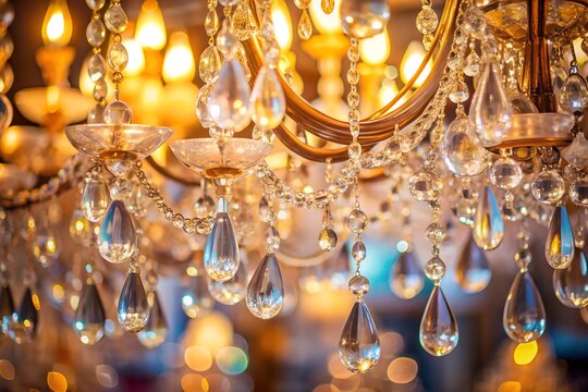 Closeup of a luxurious crystal chandelier with many sparkling glass pendants illuminated by warm light - Powered by Adobe