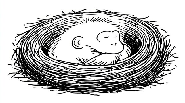 A monkey sleeping in a nest.  Simple line drawing