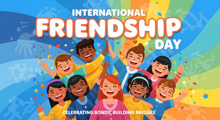 Vibrant illustration celebrating global friendship and unity, featuring a diverse group of happy children. Colorful banner design for an international day of camaraderie and connection.