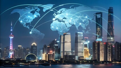 City skyline at night with world map overlay and network connections in a futuristic design scheme