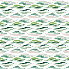  abstract watercolor textile pattern, soft pastel green and light blue ink washes, flowing hand-drawn olive green brush lines, wavy organic
