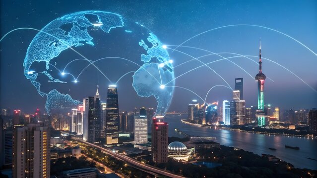 A cityscape at night with a digital globe and connecting lines over the buildings and the skyline