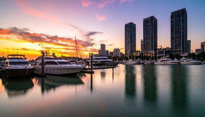 Obraz premium Miami Marina at Sunset: Yachts Reflecting the Colorful Sky and City Skyline