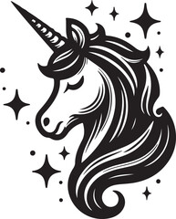 Black and white vector illustration of a unicorn icon silhouette.
