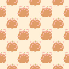 Pumpkins with coquette bows seamless pattern. cozy fall autumn illustration. Perfect for Prints, Wrapping Paper, Wallpaper, Textiles, Stationery, and Fabric