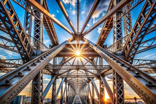 Intricate steel bridge structure with sunlight shining through the center, creating a dramatic perspective view at sunset