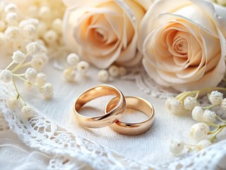 Gold wedding rings with cream roses and delicate lace detail