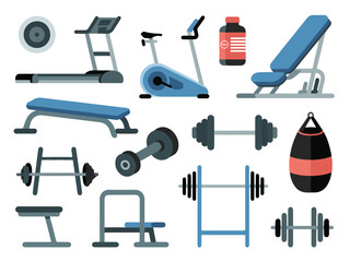 Treadmill exercise bike weight bench dumbbells punching bag and supplement bottle vector.eps