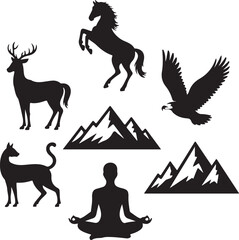 Fototapeta premium vector illustration of a horse deer mountain eagle and man yoga white background
