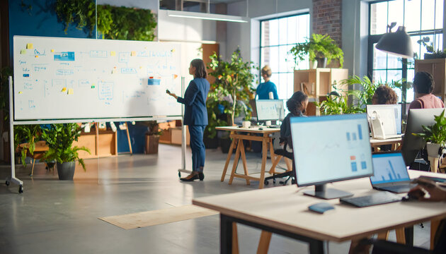 Business presentation at modern office with team discussing data and strategy