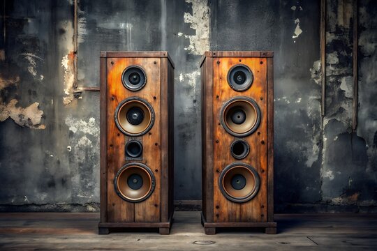 Two vintage wooden speakers with multiple drivers stand against a distressed concrete wall, evoking a sense of retro audio