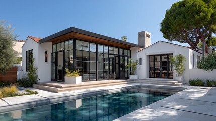 Fototapeta premium modern house with black windows and doors, white walls, and glass accents daytime