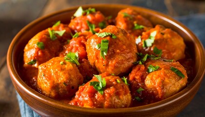 Delicious Homemade Meatballs in Tomato Sauce Garnished with Fresh Parsley, Close Up