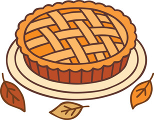 Delicious Apple Pie on a Plate with Autumn Leaves Hand Drawn Cartoon Style Lattice Crust Dessert on Plate with Falling Leaves, Perfect for Thanksgiving, Fall Recipes, Holiday Menus, and Seasonal Food 