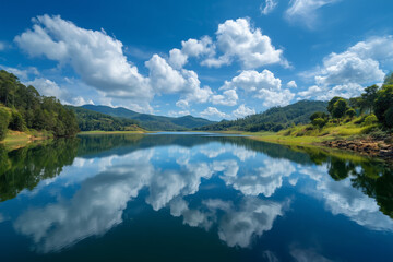 Fototapeta premium A picturesque and tranquil landscape featuring a pristine mountain lake with a flawless mirror reflection of the brilliant blue sky and dramatic white cumulus clouds on a sunny day.
