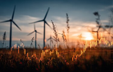 Wind turbines stand amidst a field at sunset.  Financial data overlays the grass