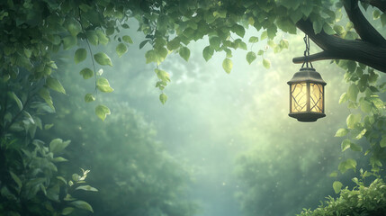 Fairytale illustration with glowing lanterns on the tree branches in the forest.