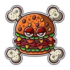 Burgarrrr Sticker Illustration. A bold and playful burger character sticker with a pirate twist, featuring crossed bones in the background perfect for edgy and fun graphic design.