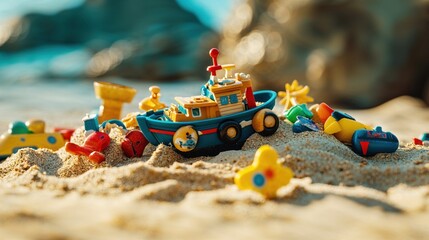 A fun, colorful collection of plastic toy boats and other objects scattered on a sandy beach, evoking childhood memories and summertime fun by the sea
