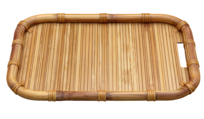 Rectangular bamboo serving tray.  Rounded edges,  light tan/beige color.  Striped interior,  ridged bamboo border.  Simple, functional design